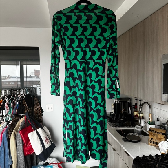 Boden Laura Green and Navy Geometric Print Midi Dress Tie Waist Long Sleeve 6P - Picture 11 of 12